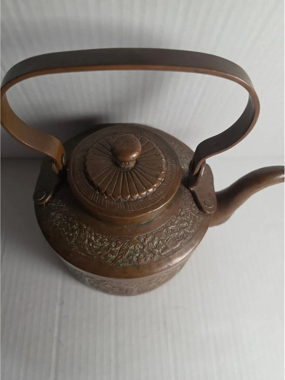 Antique Dovetailed Copper Tea Kettle Hand Engraved Floral Heavy